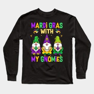 Mardi Gras With My Gnomies 2024 Mardi Gras Beads Gnomes Long Sleeve T-Shirt